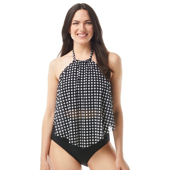 COCO REEF Riviera Dot Aura Mesh Ruffle Crop Tankini Swimsuit Bikini Black 34DD - Picture 2 of 15